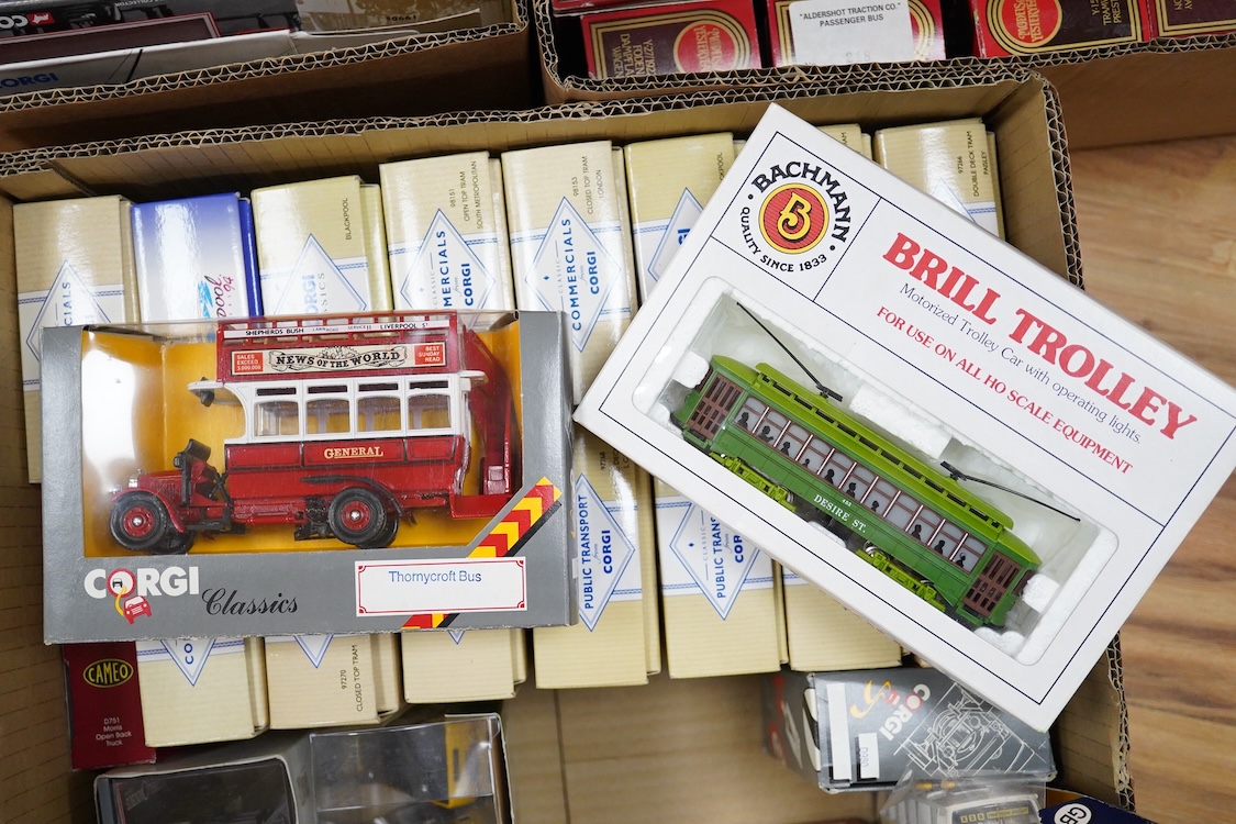 Sixty boxed diecast vehicles by Corgi Classics, Matchbox Models of Yesteryear, etc. including a large number of trams and other public transport vehicles, operators include; LCC, Plymouth, Blackpool, Belfast, Cardiff, et